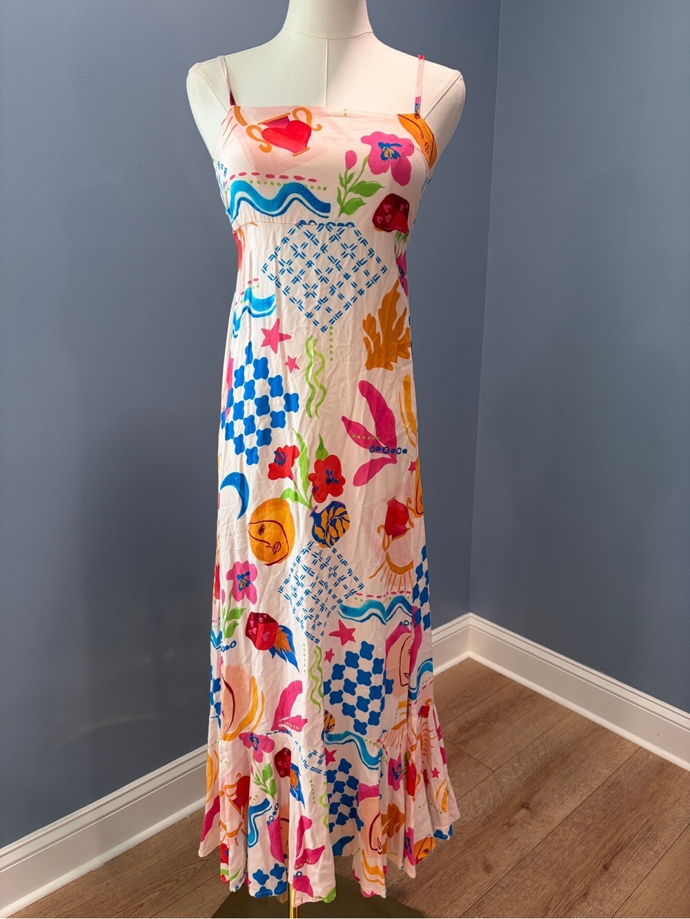 Paper Heart Abstract Print Tie Back Maxi Dress XS Pink Colorful Resort Vacation